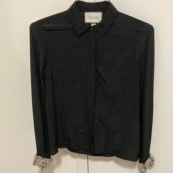 Alexis Woman’s Black Silk Button Front Long Sleeve Blouse with Jeweled Cuffs. - Picture 1 of 7